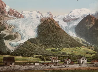 Stazione di Chamonix e ghiacciaio dei Bossons, 1890-1906 circa (stampa fotocromatica)
