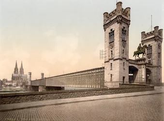 Ponte ferroviario, fiume Reno, Colonia, Germania, c.1900