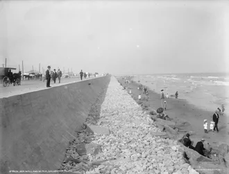 Muro di contenimento e spiaggia, Galveston, Texas