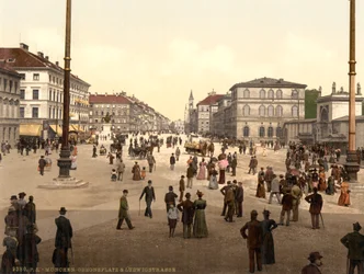 Scena di strada, Odensplatz e Ludwigstrasse, Monaco, Baviera, Germania, c.1900