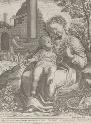 La Sacra Famiglia in Egitto, con Giuseppe come falegname sullo sfondo, [1577], ripubblicato 1774