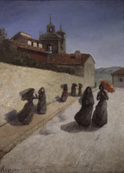 Passeggiata accanto alla chiesa, XIX secolo (olio su tela)