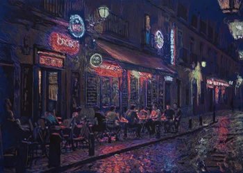 Calle y bar madrileño, 2025 (acrilico, inchiostro e matita su tessuto)