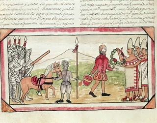 Incontro di Hernando Cortes (1485-1547) e Montezuma (1466-1520), miniatura dalla 