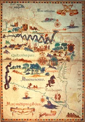 Atlante di Diego Homem del Sud America, che mostra gli indiani nei loro insediamenti, il campo della forza di spedizione spagnola e uomini in armatura, c.1558