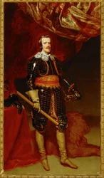 Filippo IV in armatura, con un leone ai suoi piedi... (dipinto su tela)
