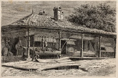 Una macelleria e una panetteria a Bucarest (Romania). Incisione per illustrare il viaggio da Parigi a Bucarest di Lancelot, disegnatore, nel 1860, in "Le tour du monde, nouveau journal des voyages", pubblicato sotto la direzione di Edouard Charton.