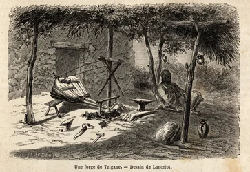 Una fucina zingara nella regione della Valacchia, Romania. Incisione per illustrare il viaggio da Parigi a Bucarest, di Lancelot, disegnatore, nel 1860, pubblicato in "Le tour du monde, nouveau journal des voyages", a cura di Edouard Charton