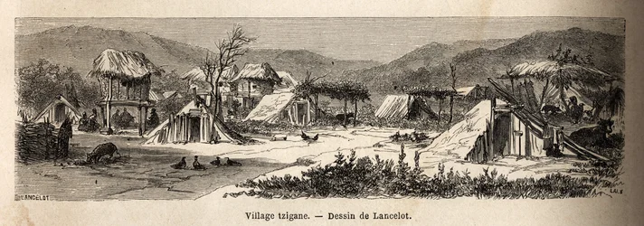 Un villaggio zingaro. Incisione per illustrare il viaggio da Parigi a Bucarest, di Lancelot, disegnatore, nel 1860, pubblicato in "Le tour du monde, nouveau journal des voyages", sotto la direzione di Edouard Charton