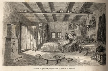Una casa di contadini proprietari, nei pressi di Orezu (regione della Valacchia, Romania). Incisione per illustrare il viaggio da Parigi a Bucarest, di Lancelot, disegnatore, nel 1860, pubblicato in "Le tour du monde, nouveau journal des voyages", sotto la