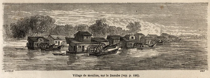 Un villaggio di mulini sul Danubio, disegno di Lancelot per illustrare il viaggio di Victor Duruy da Parigi a Bucarest nel 1860. Incisione in "Le tour du monde", a cura di Edouard Charton