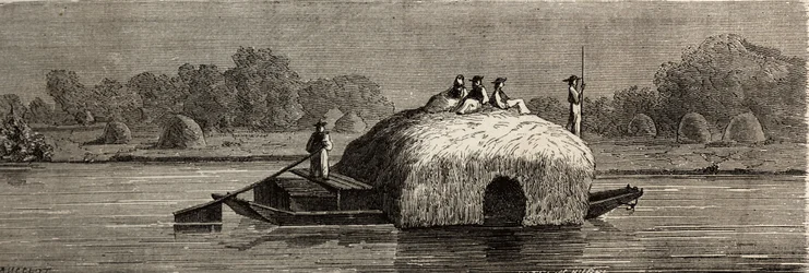 Taglio, raccolta e trasporto del foraggio sulle rive del Danubio. Disegno di Lancelot per illustrare il suo viaggio da Parigi a Bucarest nel 1860. Incisione in "Le tour du monde", a cura di Edouard Charton