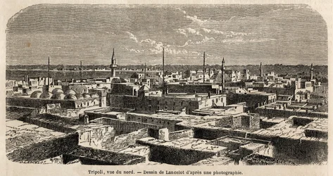 Veduta generale di Tripoli, disegno di Lancelot, per illustrare le passeggiate tripolitane, nel 1860, del Barone de Krafft. Incisione in "Le tour du monde" 1861. Collezione Selva.