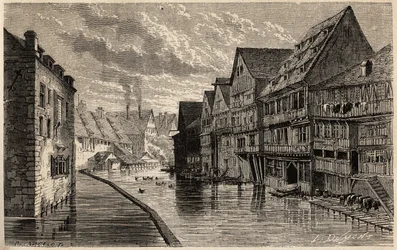Vecchie concerie a Ulm. Disegno di Lancelot per illustrare il viaggio di Victor Duruy da Parigi a Bucarest nel 1860. Incisione in "Le tour du monde", a cura di Edouard Charton