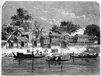 Palazzo concepito per i missionari francesi a Tien Tsin (Tien-Tsin, Tianjin), Cina. Incisione di Lancelot, in "Le Tour du Monde, Nouveau journal des Voyages", a cura di Edouard Charton, Parigi