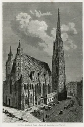 Cattedrale di Santo Stefano (Stephansdom) (costruita tra il 1113 e il 1147), Vienna (Austria). Incisione di Lancelot, per illustrare la storia di Vienna e i suoi sobborghi, di M. Newlinski, nel 1881, pubblicata in Le tour du monde