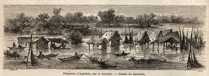 Le pesche di Apathin (Serbia), sul Danubio. Disegno di Lancelot, per illustrare il suo viaggio da Parigi a Bucarest nel 1860. Incisione in "Le tour du monde", a cura di Edouard Charton