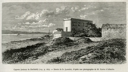 La casa di Giuseppe Garibaldi (1807-1882) a La Caprera (Sardegna), inciso da un disegno di D.Lancelot, per illustrare la storia della Siria di oggi, di Mr.Lortet, decano della Facoltà di Medicina di Lione, incaricato di una missione scientifica dal Ministe