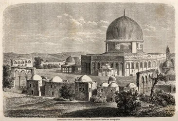 La moschea di Omar, costruita nel 691 a Gerusalemme, disegno di Lancelot per illustrare il viaggio di Mr. Bida in Palestina nel 1856. Incisione in "Le tour du monde, nouveau journal des voyages" Parigi