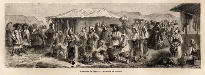 La popolazione ambulante di Tesmevar (o Timisoara) in Romania. Incisione per illustrare il viaggio da Parigi a Bucarest, di Lancelot, disegnatore, nel 1860, pubblicato in "Le tour du monde, nouveau journal des voyages", sotto la direzione di Edouard Charto