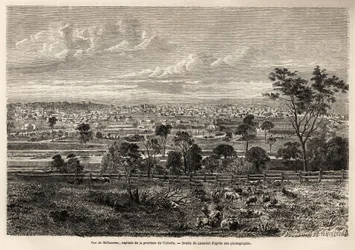 Veduta di Melbourne (Australia), disegno di Lancelot per illustrare i ricordi di un colono francese in Australia, nel 1854-1859, di M. de Castella. Incisione in "Le tour du monde" 1861. Collezione Selva