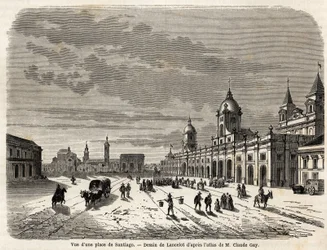Veduta di una piazza a Santiago (Cile). Disegno di Lancelot per illustrare il viaggio in Sud America, nel 1823, di Giovanni Mastai Ferretti (futuro Pio IX). Incisione in "Le tour du monde, nouveau journal des voyages"