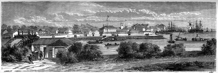 Veduta della concessione degli Stati Uniti sul fiume Huangpu a Shanghai nel 1860, Cina. Incisione di Lancelot, in "Le Tour du Monde, Nouveau journal des Voyages", a cura di Edouard Charton, Parigi