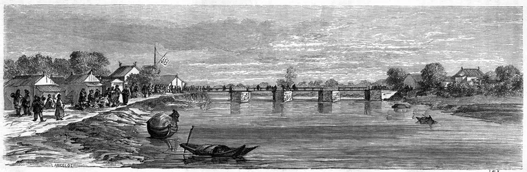 Veduta del ponte sul fiume Suzhou vicino a Shanghai nel 1860, Cina
