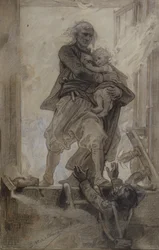 Il marchese di Lantenac salva un bambino, illustrazione da Novantatré di Victor Hugo (1802-85)