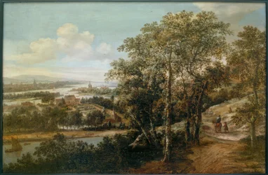 Ampio paesaggio fluviale con un cavaliere e altre figure in primo piano