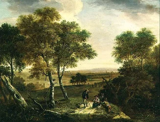 Un ampio paesaggio boscoso con contadini su un sentiero, una città oltre