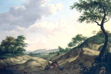 Paesaggio boscoso con pastori e animali su una roccia