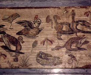 Mosaico romano da Pompei di anatre e rane in un giardino acquatico, I secolo