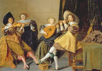 Una compagnia elegante che suona musica in un interno