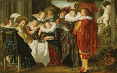 Una compagnia elegante che pranza su una terrazza, 1623