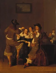 Figure eleganti che bevono e si divertono in un interno, 1653