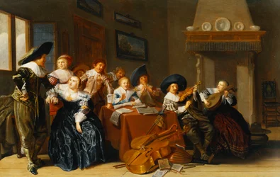 Figure eleganti con strumenti seduti a un tavolo e una giovane donna che canta in un interno, 1637