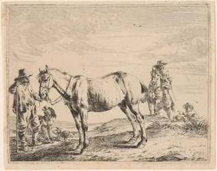 Un uomo che tiene un cavallo per le briglie