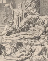 Il ricco sul letto di morte, dalla parabola di Lazzaro e il ricco, tavola 2, 1551