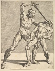 Due schermidori, da Schermidori, tavola 7, 1552