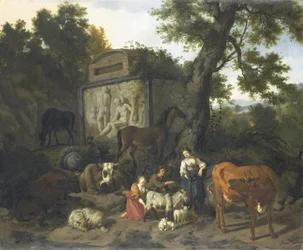 Paesaggio con pastori e bestiame vicino a una tomba