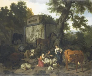 Paesaggio con mandriani e bovini vicino a una tomba
