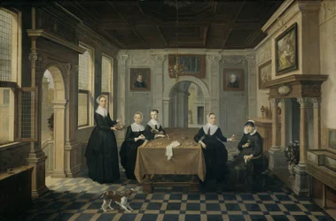 Cinque dame in un interno, 1630-1652 circa (olio su tavola)