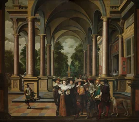 Galleria di un palazzo con architettura ornamentale e colonne (una sequenza decorativa in sette parti: una galleria)