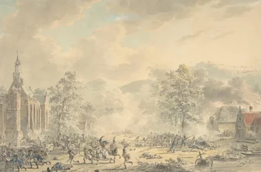 Scena di battaglia con chiesa a sinistra