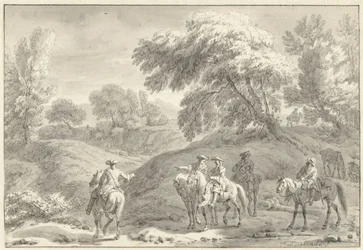 Paesaggio collinare con cacciatori a cavallo