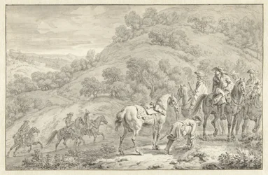 Paesaggio montano con cavaliere smontato e altri cacciatori a cavallo