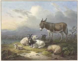 Paesaggio con asino, capra e pecore