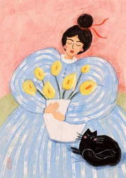 Donna con fiori e gatto