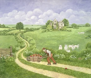 La Carriola di Mele: Joseph Poorgrass che spinge una carriola di mele alla residenza di Bathsheba, da Via dalla Pazza Folla, di Thomas Hardy